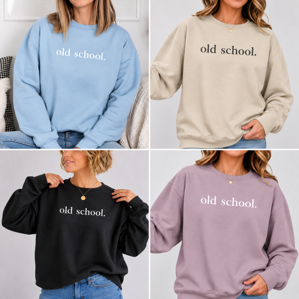 Four-panel collage showing women wearing sweatpants-style crewneck sweatshirts in light blue, beige, black, and dusty lavender, each with the phrase 'old school.' printed across the chest in white or black.