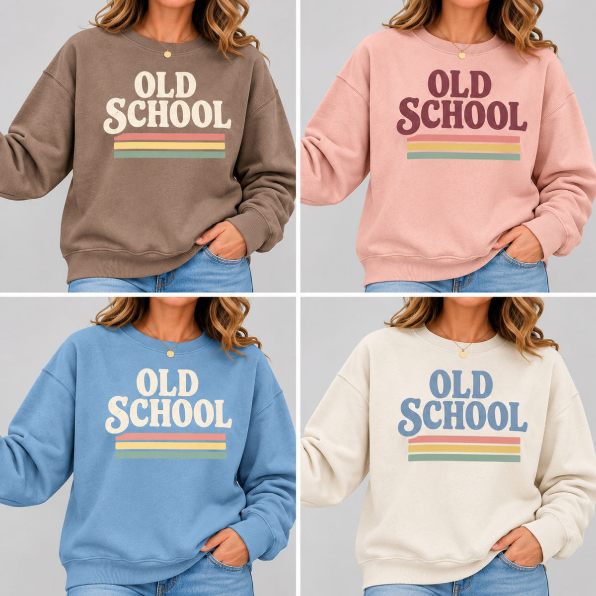 Four sweatshirt color options shown in a 2x2 grid, each worn by a model. The sweatshirts feature retro-style 'OLD SCHOOL' text with horizontal stripes in brown, pink, light blue, and cream.