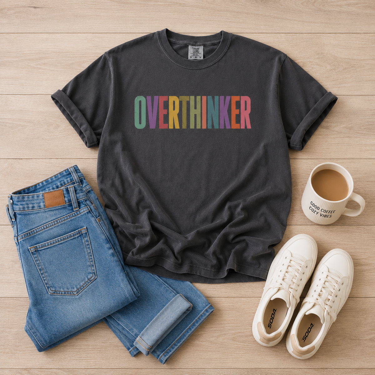 A dark charcoal gray t-shirt with the word 'OVERTHINKER' printed across the chest in a retro rainbow gradient. The shirt is styled in a flat-lay arrangement on a light wood floor alongside folded blue jeans, white sneakers, and a white coffee mug.