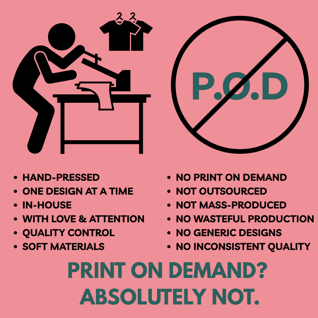Graphic promoting the Clover Exchange's hand-pressed, quality controlled pressing of each shirt vs. Print on Demand (POD) which is outsourced, mass-produced, wasteful, inconsistent and generic on a pink background.