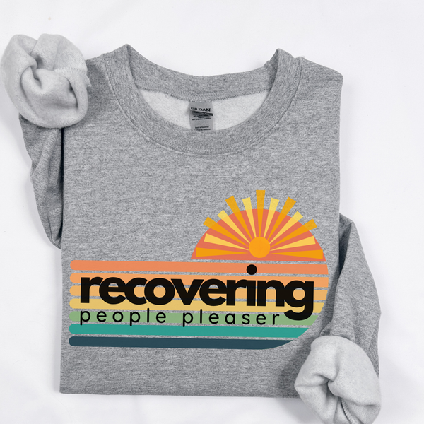 Gray sweatshirt with a colorful graphic and text on a white background