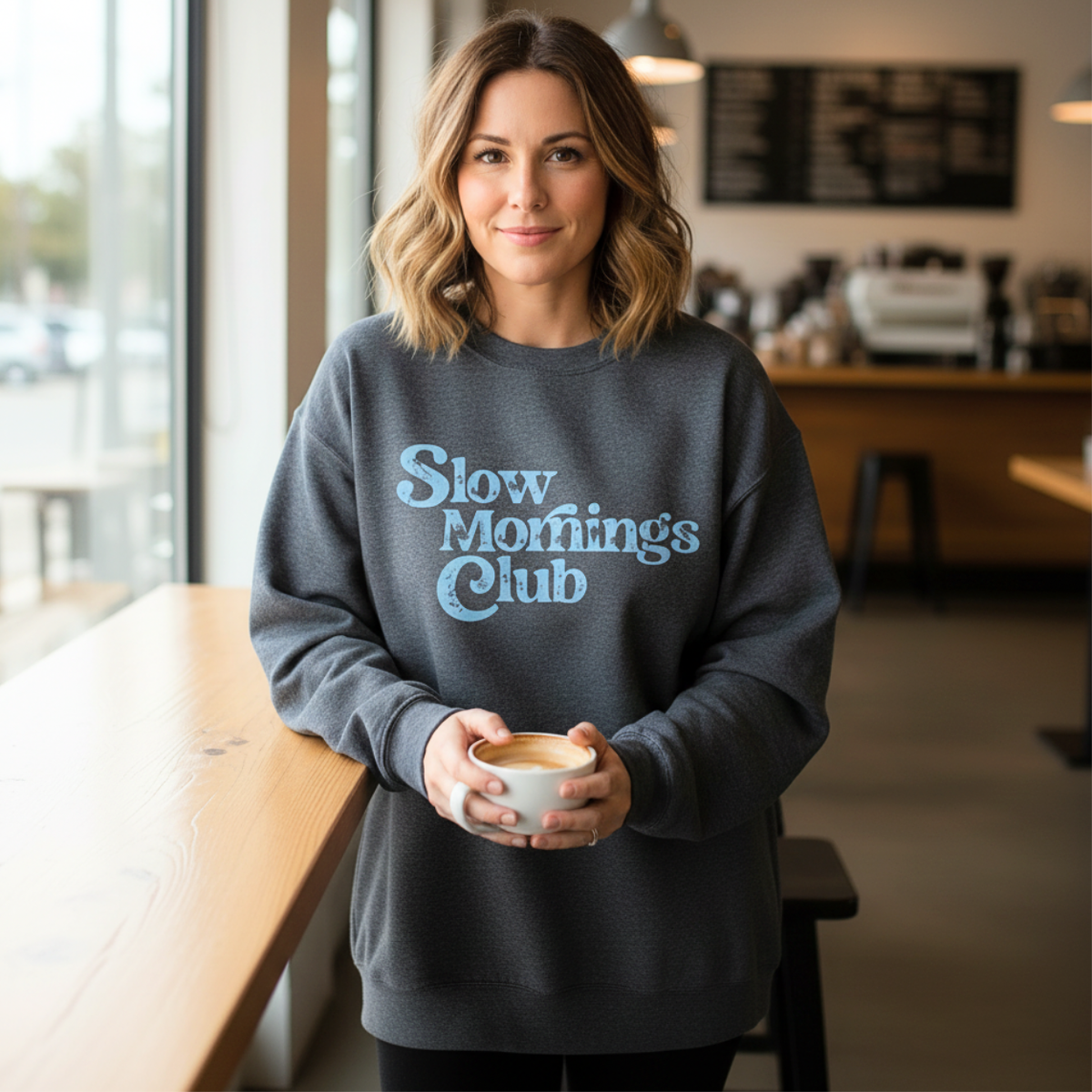 Woman wearing a dark gray 'Slow Mornings Club' sweatshirt holding a coffee cup in a cafe.