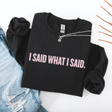 Folded Black sweatshirt with 'I SAID WHAT I SAID.' pink text on a white background