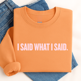 Folded tangerine orange sweatshirt with 'I SAID WHAT I SAID.' text on a white background