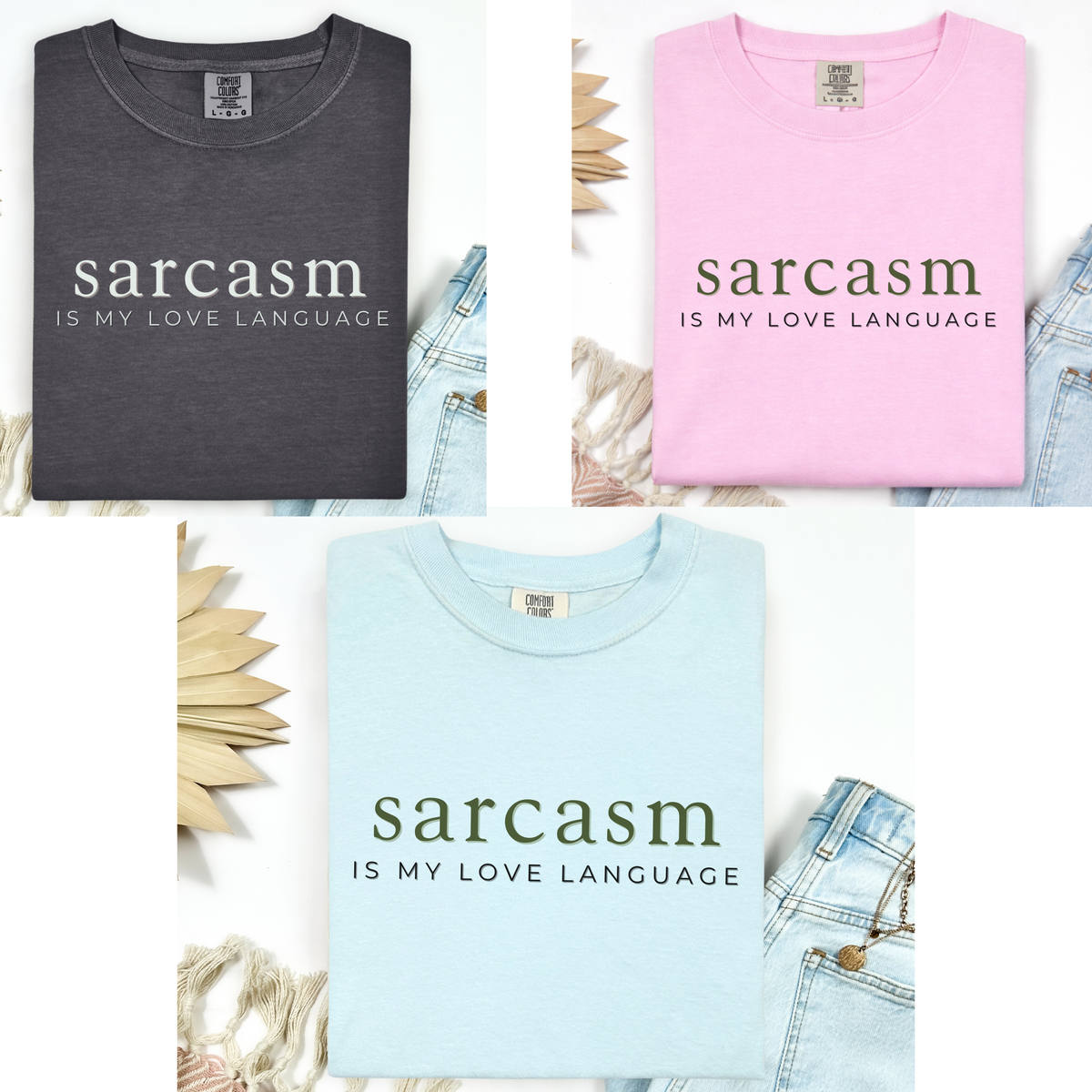 A photo array of the three colors the Sarcasm shirt is available in - black, pink, and blue.