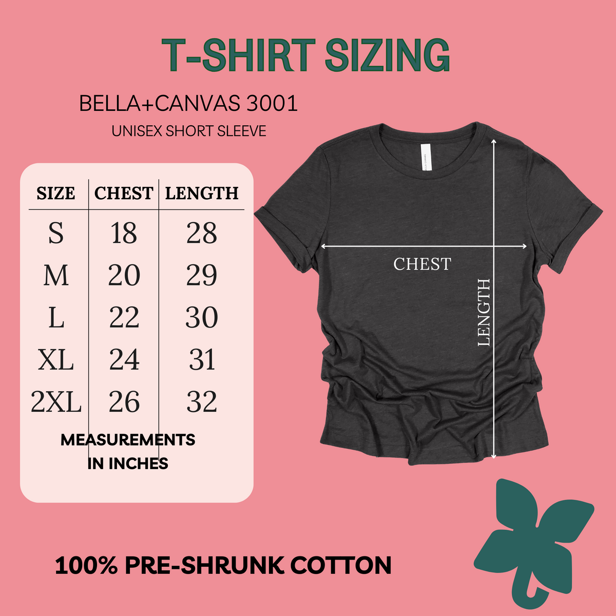 Size chart for the Bella + Canvas 3001 Unisex T-shirt. Sizes S-2XL.