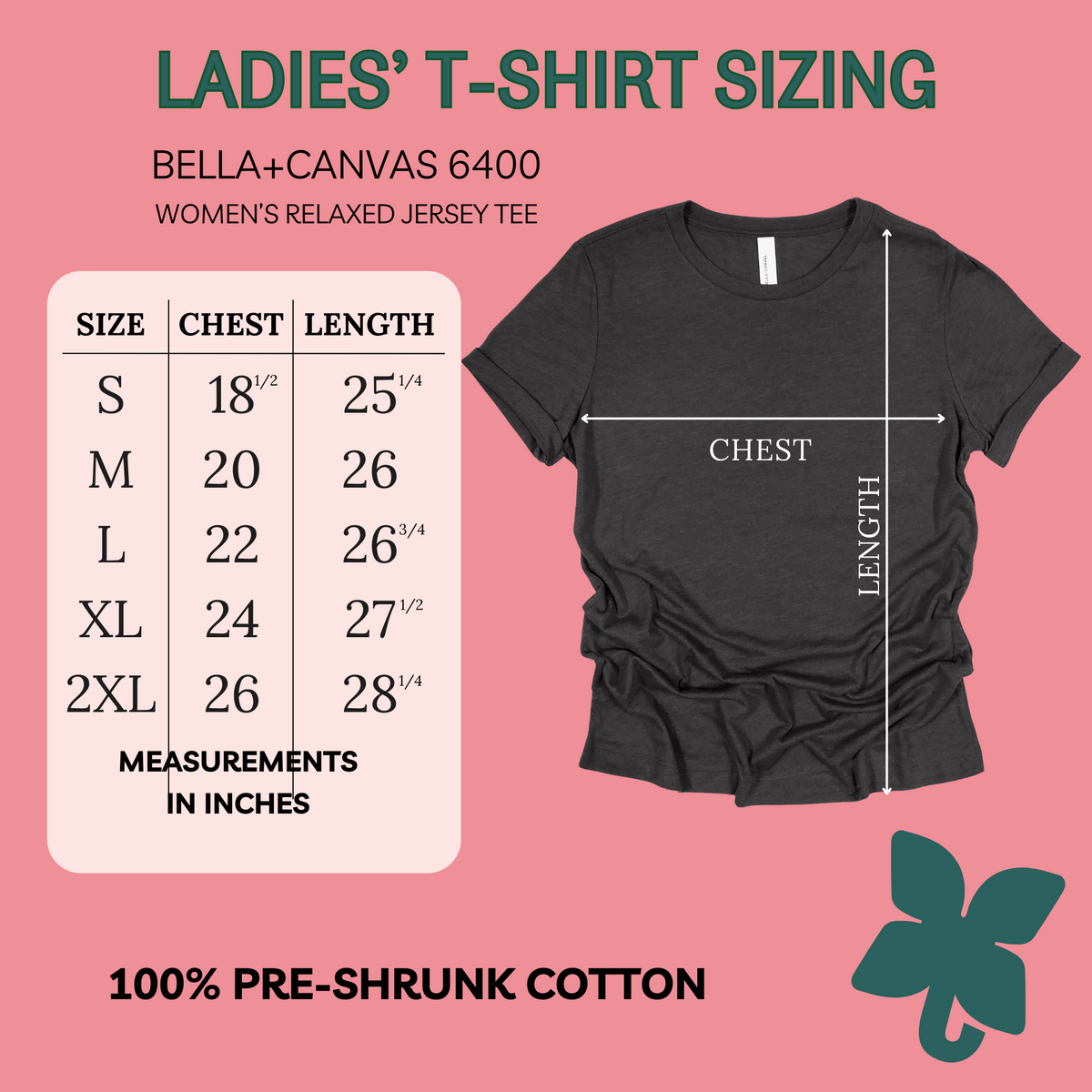 Size chart for the Bella + Canvas Ladies Relaxed Fit Tee, sizes S-2XL.