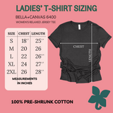 Size chart for the Bella + Canvas Ladies Relaxed Fit Tee, sizes S-2XL.