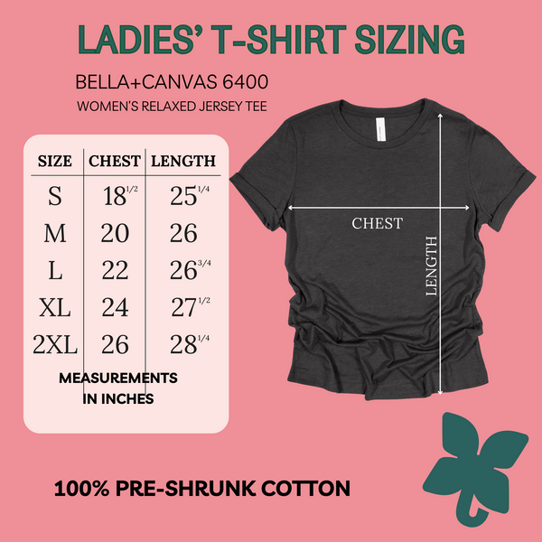 Size chart for the Bella + Canvas Ladies Relaxed Fit Tee, sizes S-2XL.