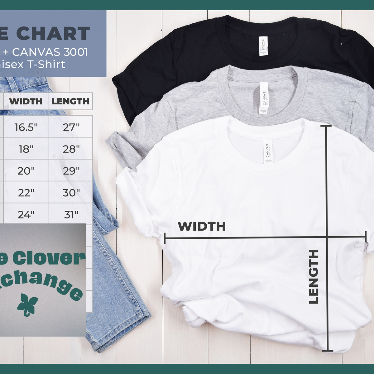 Bella + Canvas 3001 Size Chart with measurements - size from XS-XL.