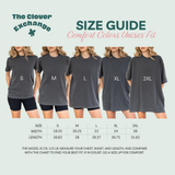 Size chart for the Comfort Colors 1717 100% Cotton Tee using models in size S-2XL.