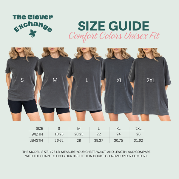 Size chart for the Comfort Colors 1717 100% Cotton Tee using models in size S-2XL.