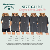 Size guide for Comfort Colors t-shirts with measurements and 'The Clover Exchange' branding.