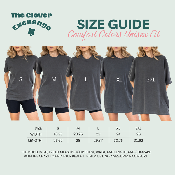 Size guide for Comfort Colors t-shirts with measurements and 'The Clover Exchange' branding.