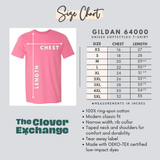 Gildan 64000 t-shirt size chart with a pink t-shirt and measurements on a gray background.