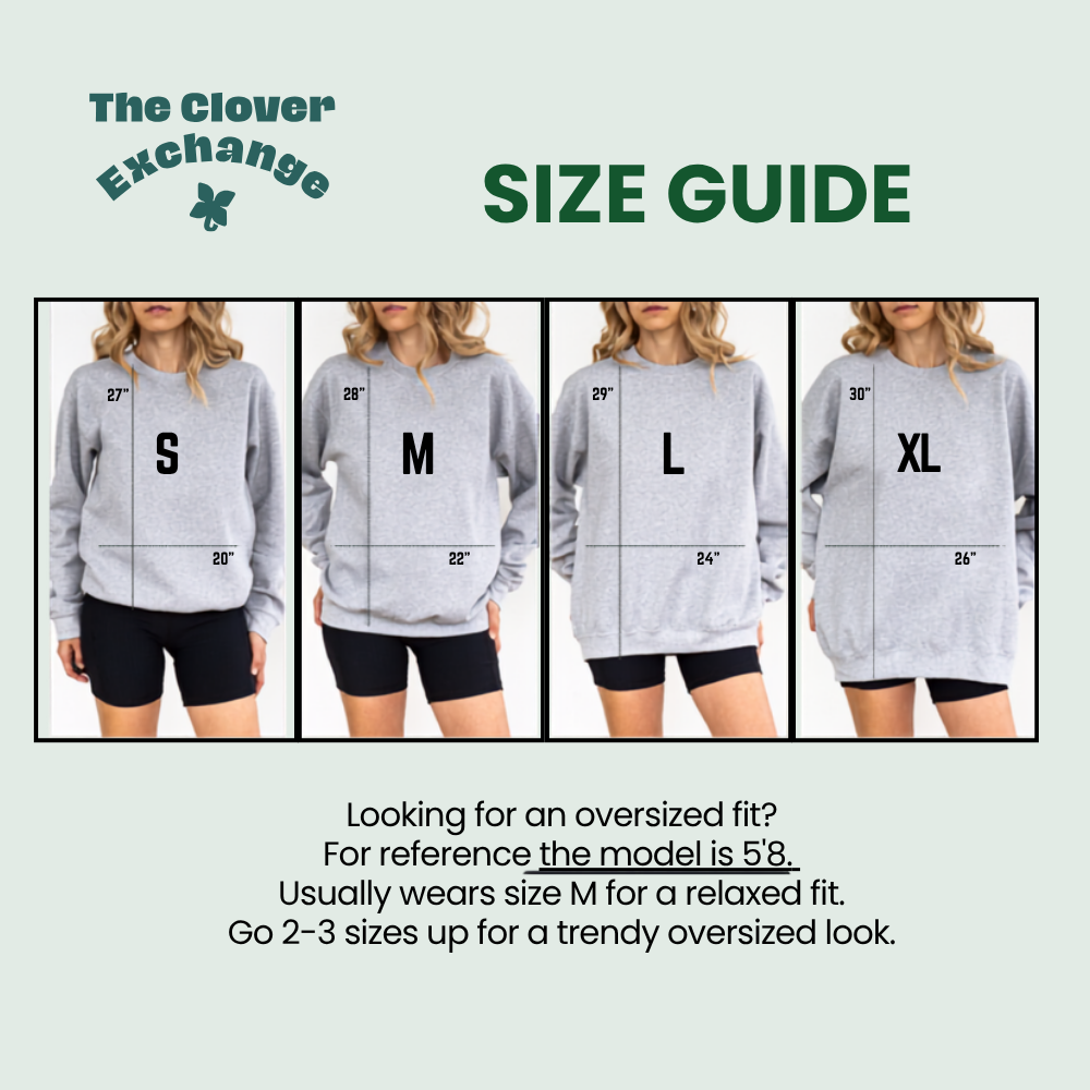 A size guide graphic for The Clover Exchange showing four models wearing light gray oversized hoodies in sizes S, M, L, and XL, with measurement lines and text explaining fit guidance.