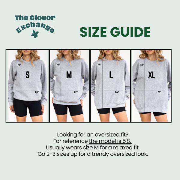 A size guide graphic for The Clover Exchange showing four models wearing light gray oversized hoodies in sizes S, M, L, and XL, with measurement lines and text explaining fit guidance.