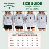 Size guide graphic for Clover Exchange showing a 50/50 blend unisex sizing chart with four model photos from S to XL and a measurement table below.