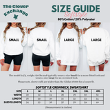 Size guide graphic for Clover Exchange Softstyle sweatshirts, showing front and back views of a model wearing small and large sizes, with text and a measurement table for softstyle crewneck sweatshirts.