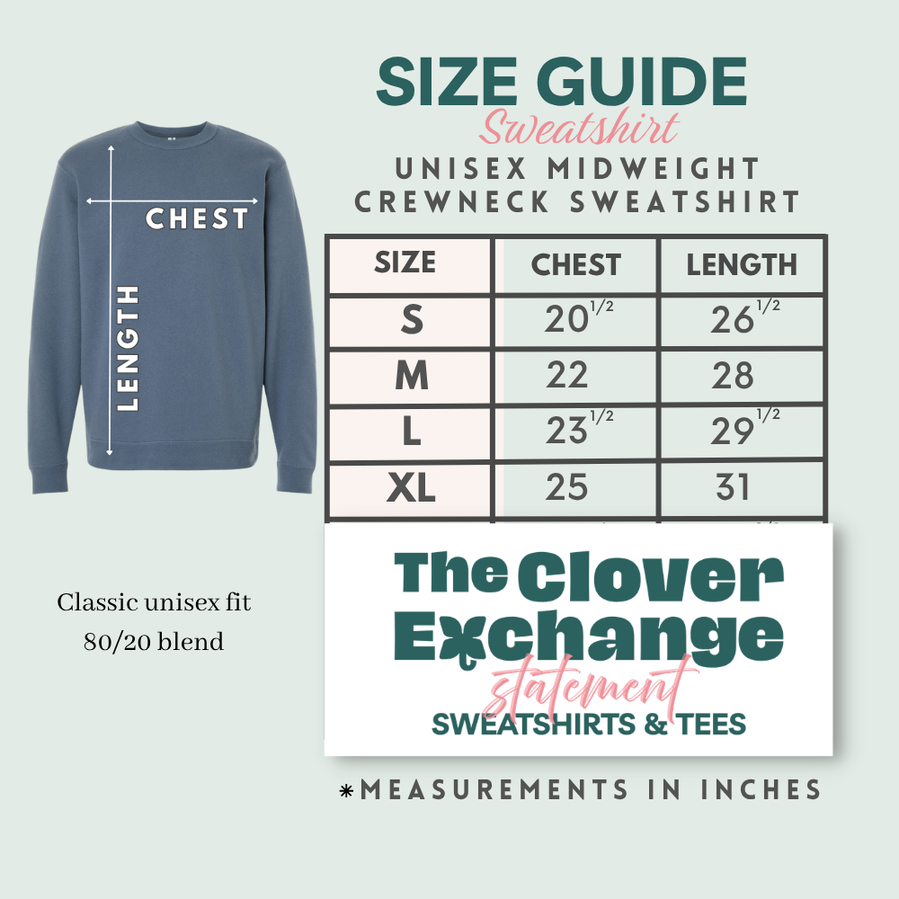 Size guide for a unisex midweight crewneck sweatshirt with measurements in inches.