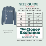 Size guide for a unisex midweight crewneck sweatshirt with measurements in inches.