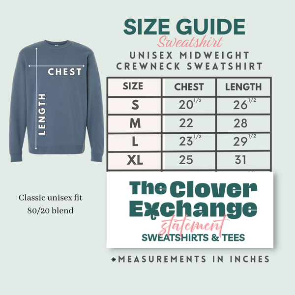 Size guide for a unisex midweight crewneck sweatshirt with measurements in inches.