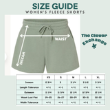 Size guide for women's fleece shorts with a measurement chart on a light gray background.