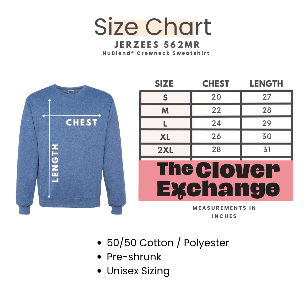 Size chart for Jerzees 562MR sweatshirt with a blue sweatshirt and measurement labels.