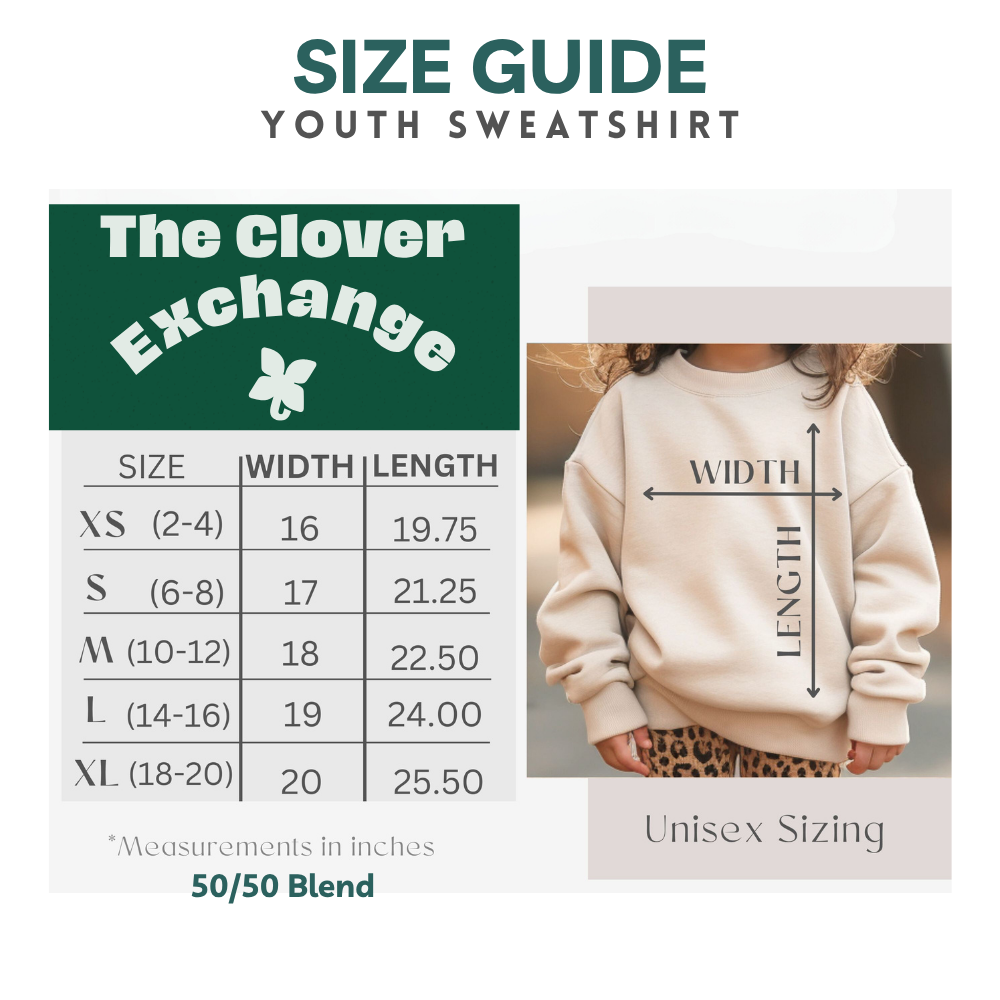 Size guide for youth sweatshirt with 'The Clover Exchange' branding and measurements.