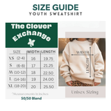 Size guide for youth sweatshirt with 'The Clover Exchange' branding and measurements.