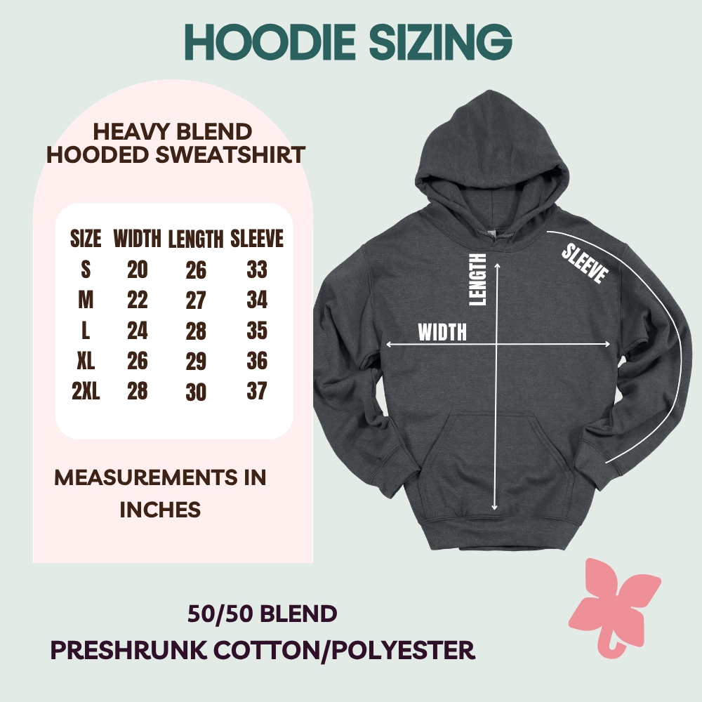 Hoodie sizing chart graphic showing a dark heather gray hoodie with white printed measurement guides for length, width, and sleeve, alongside a size table for heavy blend hooded sweatshirts. Text reads 'HOODIE SIZING' and '50/50 BLEND PRESHRUNK COTTON/POLYESTER'.