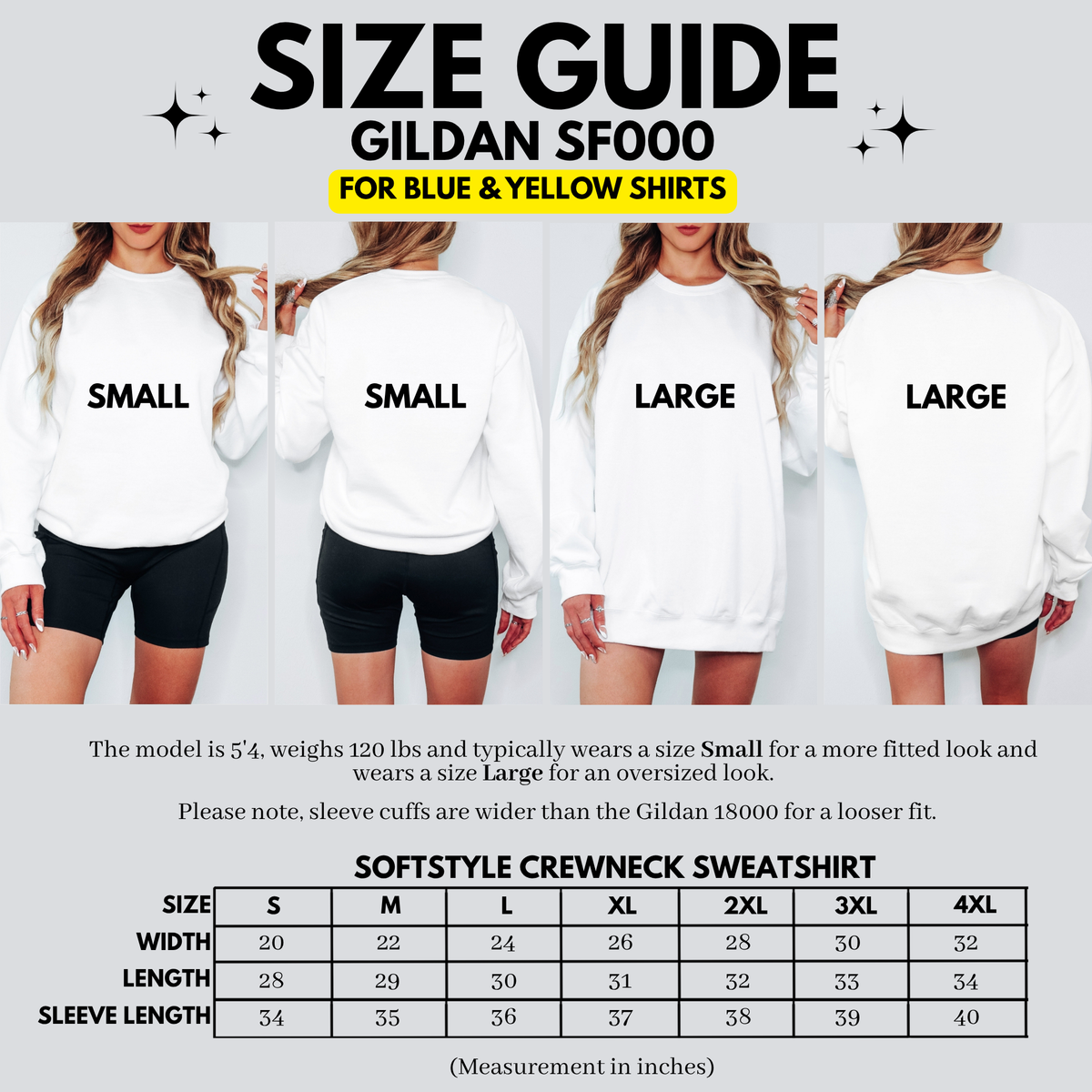 Size guide for Gildan SF000 softstyle crewneck sweatshirt with models wearing shirts labeled Small and Large.
