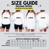 Size guide for Gildan SF000 softstyle crewneck sweatshirt with models wearing shirts labeled Small and Large.
