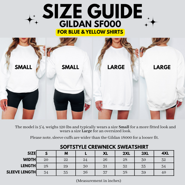 Size guide for Gildan SF000 softstyle crewneck sweatshirt with models wearing shirts labeled Small and Large.