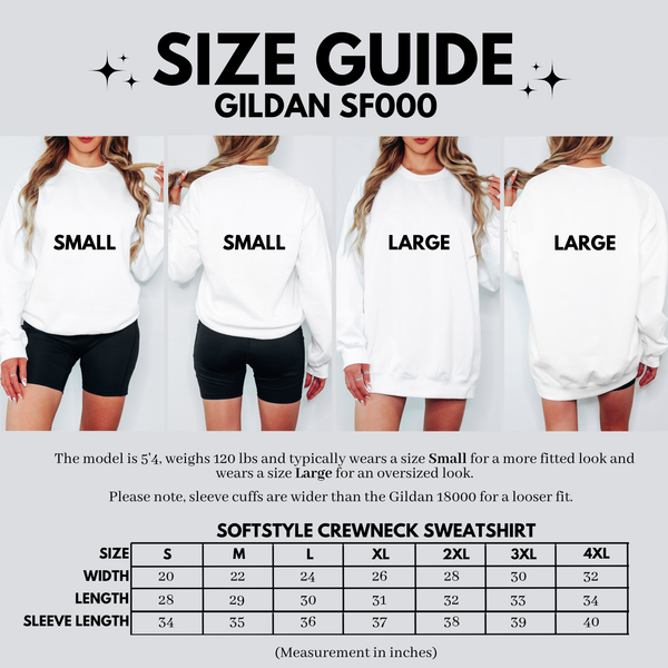 Size guide for Gildan SF000 sweatshirts showing small and large sizes on models.
