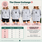 The Clover Exchange size guide infographic showing models wearing S, M, L, and XL sizes with chest and length measurements, plus a sizing table and fit notes.
