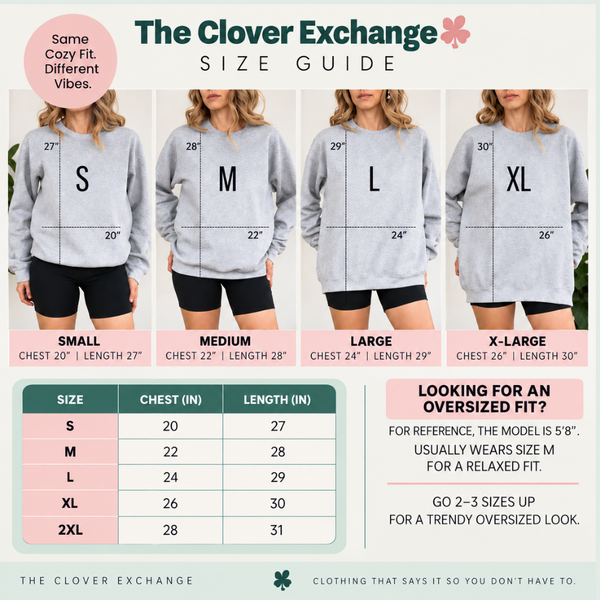 The Clover Exchange size guide infographic showing models wearing S, M, L, and XL sizes with chest and length measurements, plus a sizing table and fit notes.