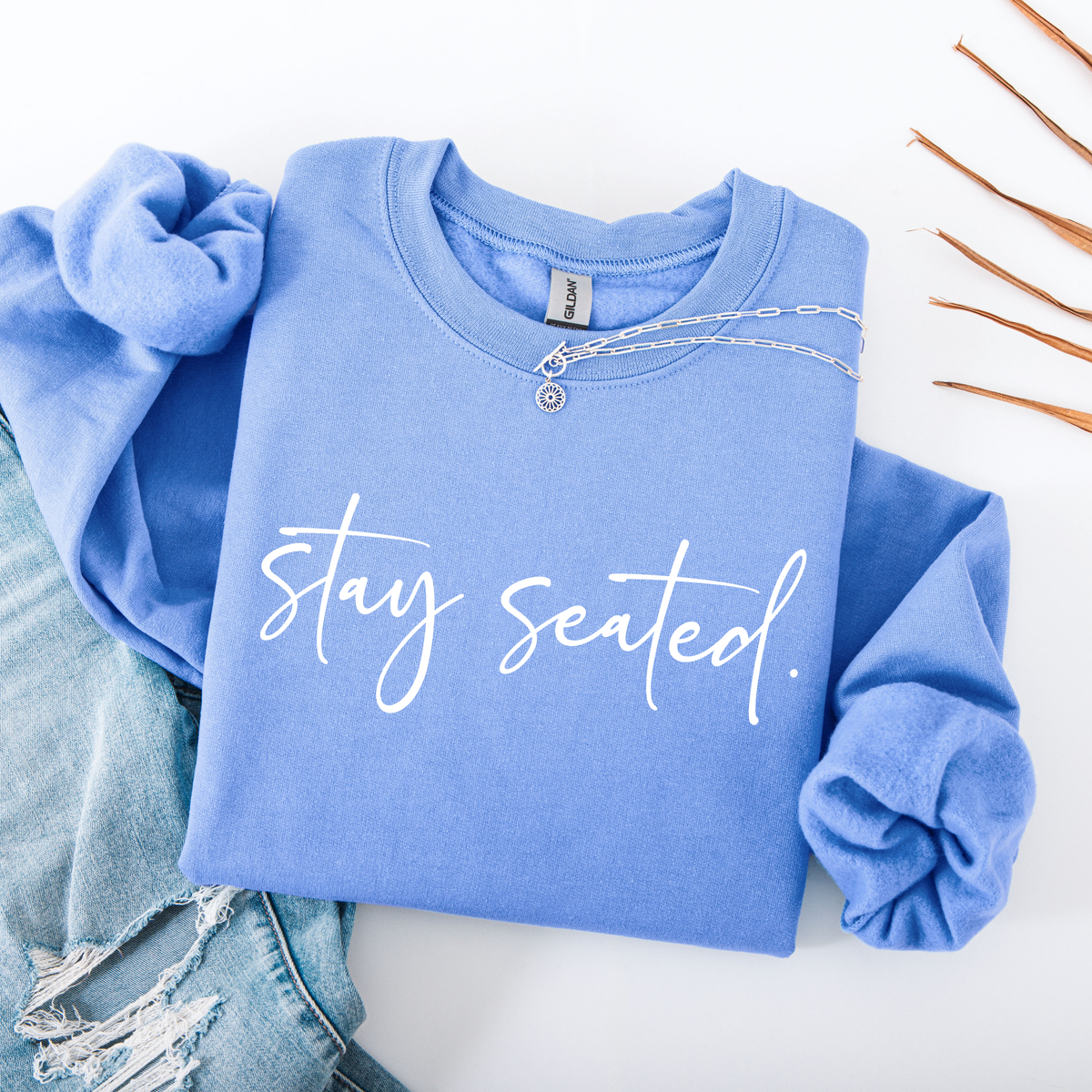 Blue sweatshirt with 'stay seated' text on a white background