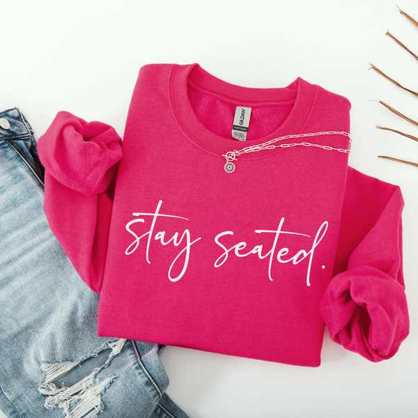 Pink sweatshirt with 'stay seated' text on a white background
