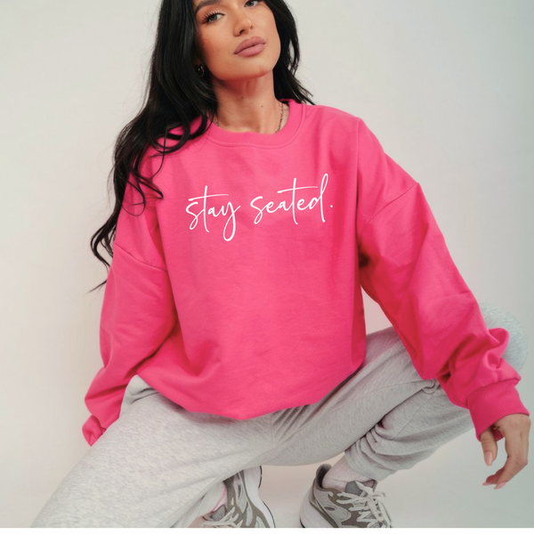 Person wearing a pink sweatshirt with 'stay seated.' text against a plain background