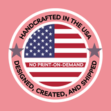 American flag with 'Handcrafted in the USA' text on a pink background. An American Flag circle design that boasts 