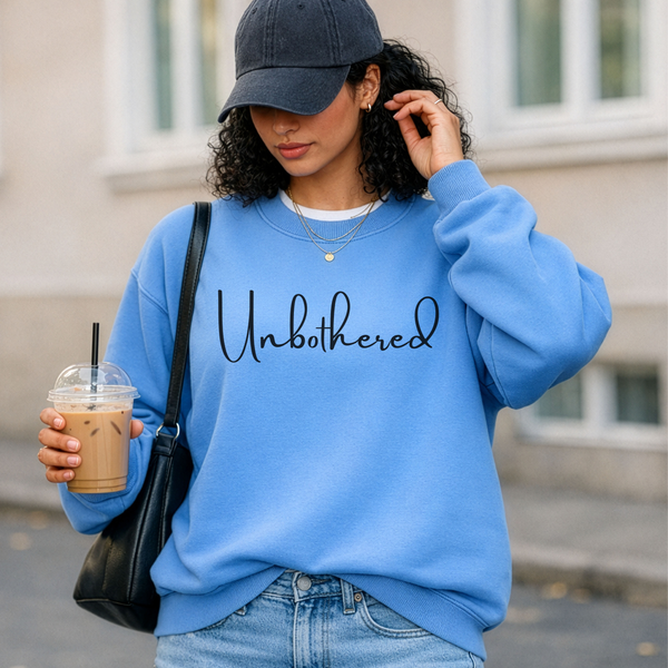 Woman wearing a blue sweatshirt with 'Unbothered' text, holding a drink.