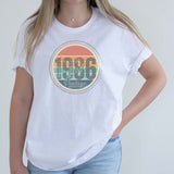 Person wearing a white t-shirt with '1986 Vintage' design on a plain background