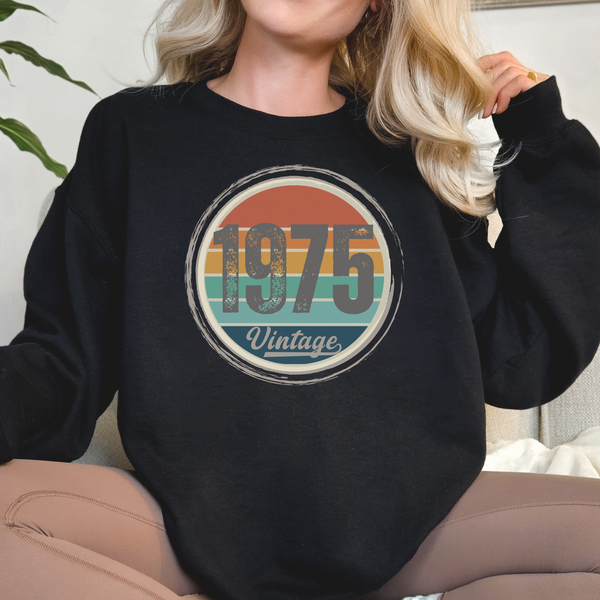 Person wearing a black sweatshirt with '1975 Vintage' design.