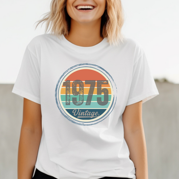 Person wearing a white t-shirt with '1975 Vintage' design.