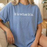 Person wearing a blue t-shirt with 'it is what it is' text.
