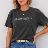 Person wearing a black t-shirt with 'it is what it is' text against a light background
