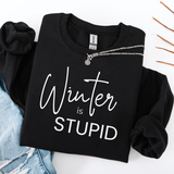 A Black folded sweatshirt with 'Winter is STUPID' text on a white background