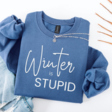 A Blue folded sweatshirt with 'Winter is Stupid' text on a white background