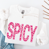 White sweatshirt with 'SPICY' in pink leopard print on a white background